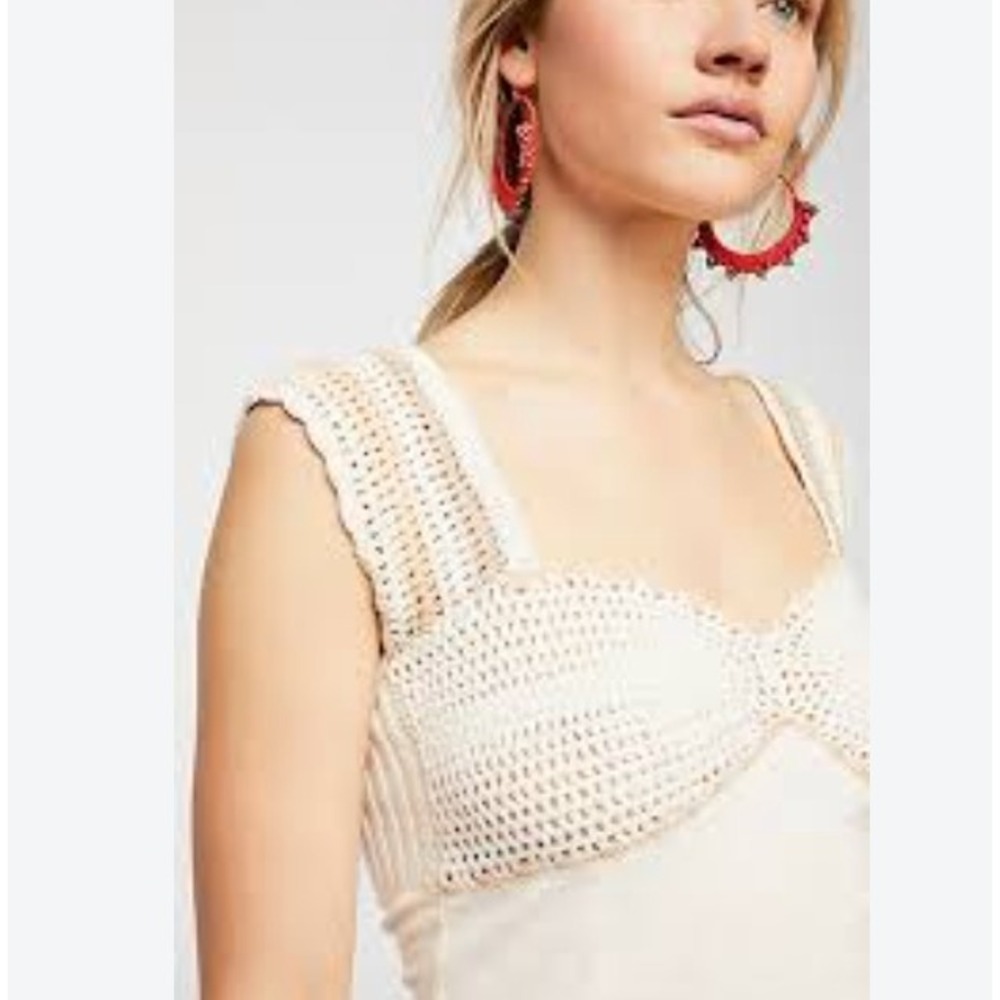 Free People Crochet Knit Tank Cami Top Cream Boho Sweetheart Neck Small